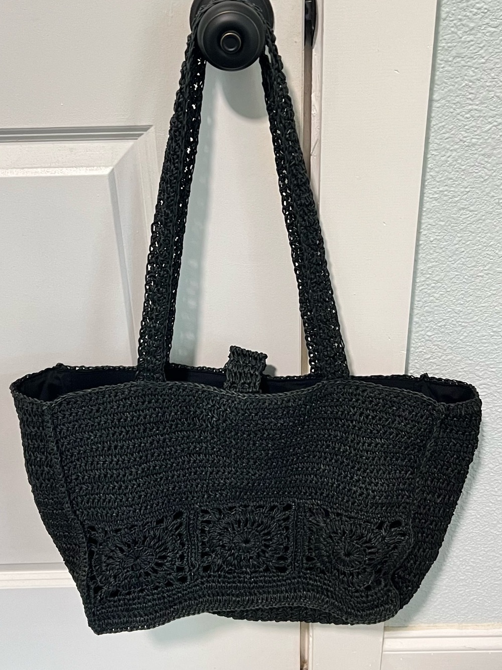 Unlisted Black Crochet Tote Bag 12” x 19” Handbag Summer Beach Lined Purse